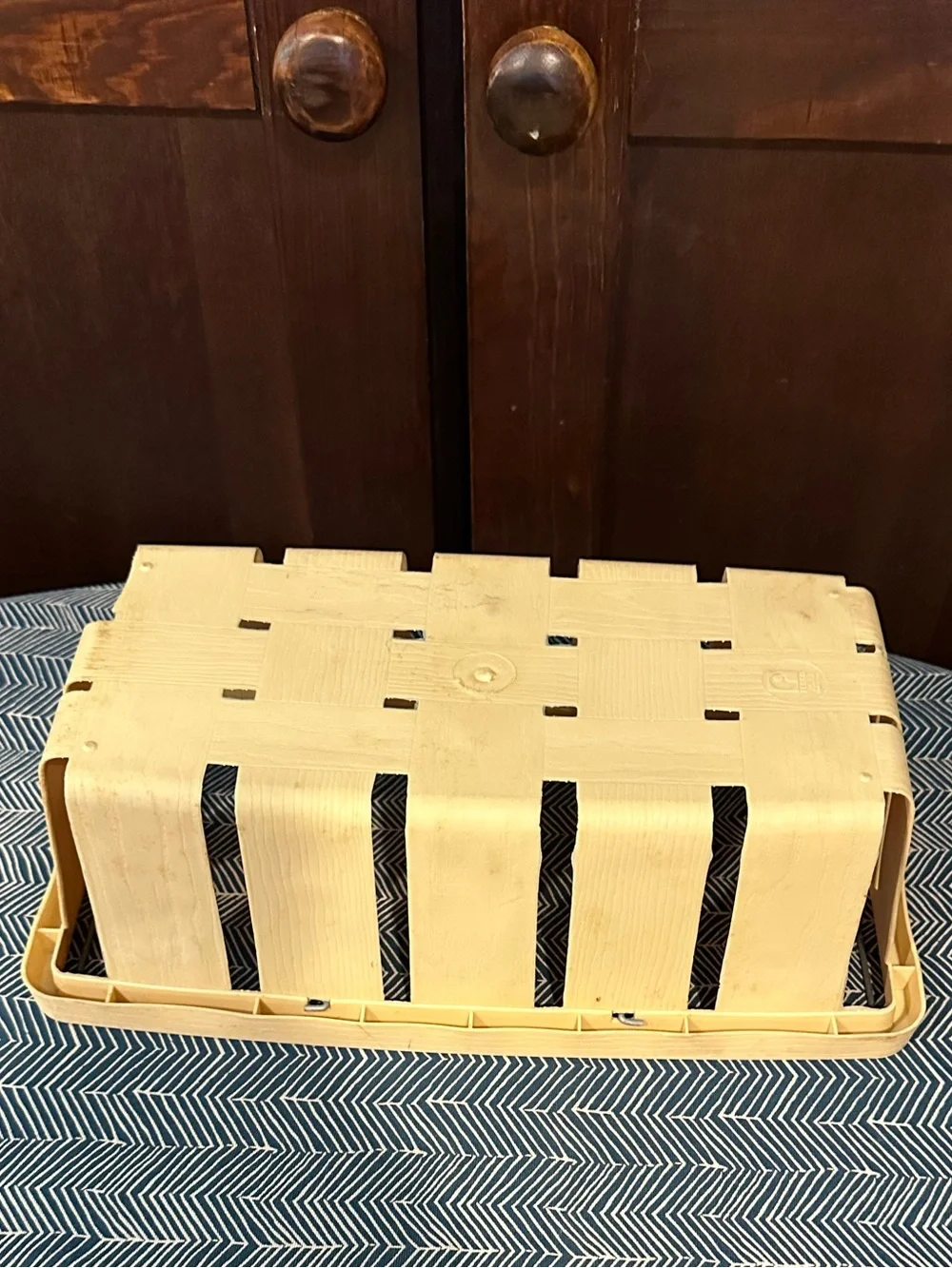 Faux wood • apple crate • metal handles • basket